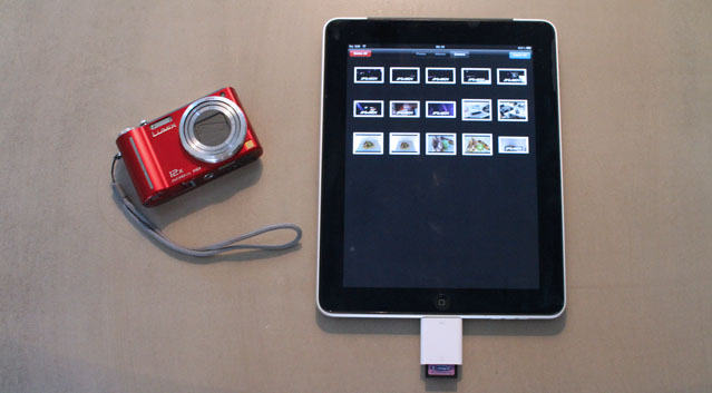 The iPad, the Panasonic Lumix TZ7 and the Camera Connection Kit.
